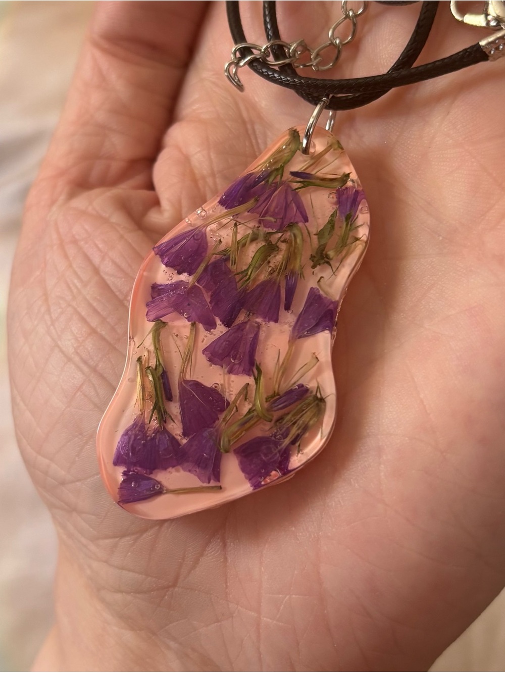 Resin Pendant Necklace Peach with Purple Pressed Flowers